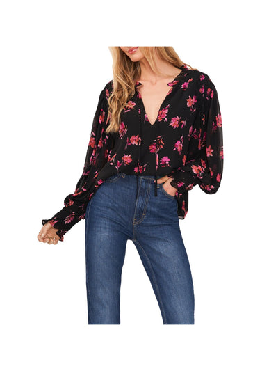 VINCE CAMUTO Womens Black Smocked Ruffled Tie Sheer Lined Pleated Floral Long Sleeve Split Blouse XS