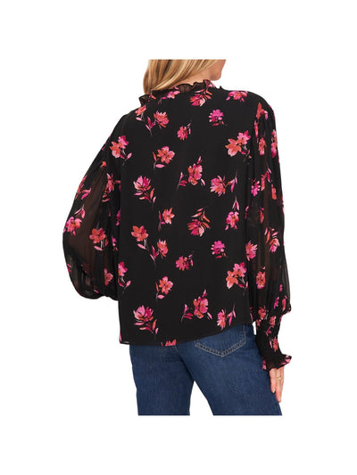 VINCE CAMUTO Womens Black Smocked Ruffled Tie Sheer Lined Pleated Floral Long Sleeve Split Blouse XS