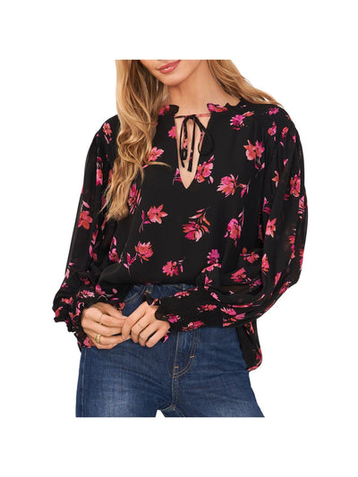 VINCE CAMUTO Womens Black Smocked Ruffled Tie Sheer Lined Pleated Floral Long Sleeve Split Blouse XS