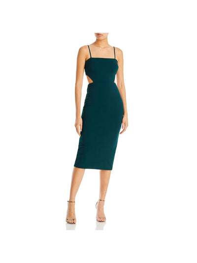 AQUA FORMAL Womens Green Cut Out Zippered Slit Back Lined Spaghetti Strap Square Neck Midi Party Sheath Dress 14