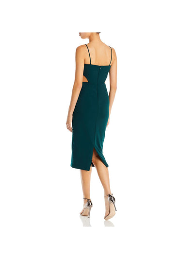 AQUA FORMAL Womens Green Cut Out Zippered Slit Back Lined Spaghetti Strap Square Neck Midi Party Sheath Dress 14