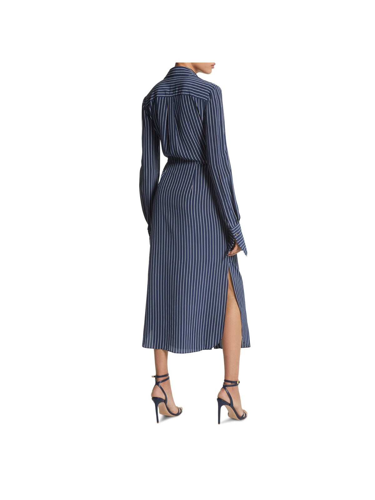 MICHAEL KORS COLLECTION Womens Navy Tie Slitted Button Front Curved Hem Pinstripe Cuffed Sleeve Collared Midi Wear To Work Shirt Dress 4