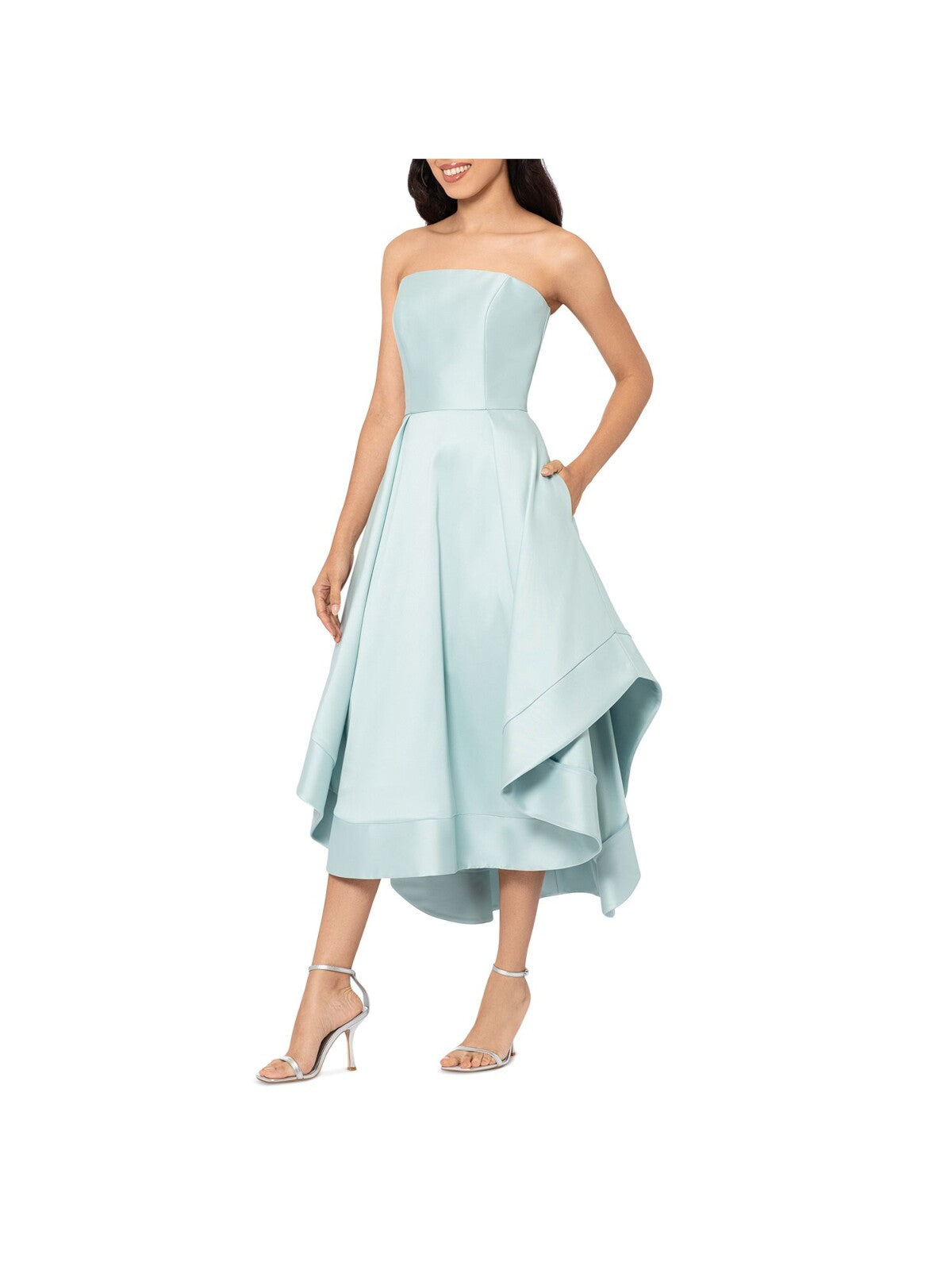 AQUA FORMAL Womens Green Zippered Pocketed Pleated High Sides Skirt Sleeveless Strapless Midi Evening Fit + Flare Dress 2