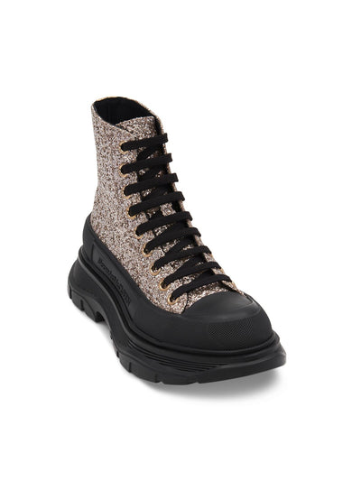 ALEXANDER MCQUEEN Womens Beige Mixed Media 1-1/2" Platform Glitter Treaded Glitter Round Toe Wedge Lace-Up Combat Boots 37