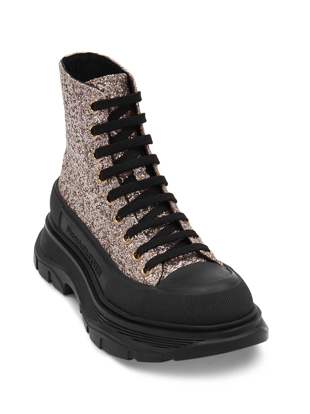 ALEXANDER MCQUEEN Womens Beige Mixed Media 1-1/2" Platform Glitter Treaded Glitter Round Toe Wedge Lace-Up Combat Boots 38