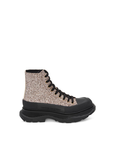 ALEXANDER MCQUEEN Womens Beige Mixed Media 1-1/2" Platform Glitter Treaded Glitter Round Toe Wedge Lace-Up Combat Boots 37