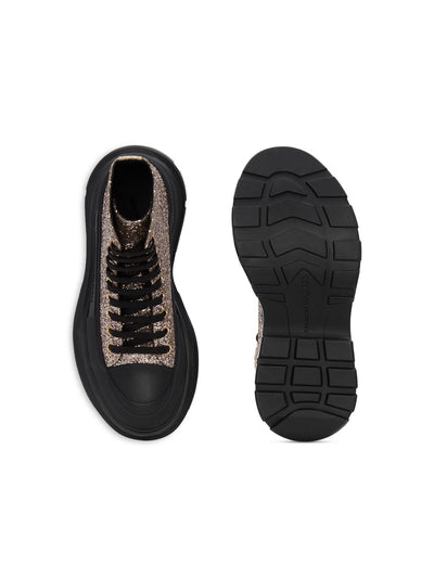 ALEXANDER MCQUEEN Womens Beige Mixed Media 1-1/2" Platform Glitter Treaded Glitter Round Toe Wedge Lace-Up Combat Boots 37