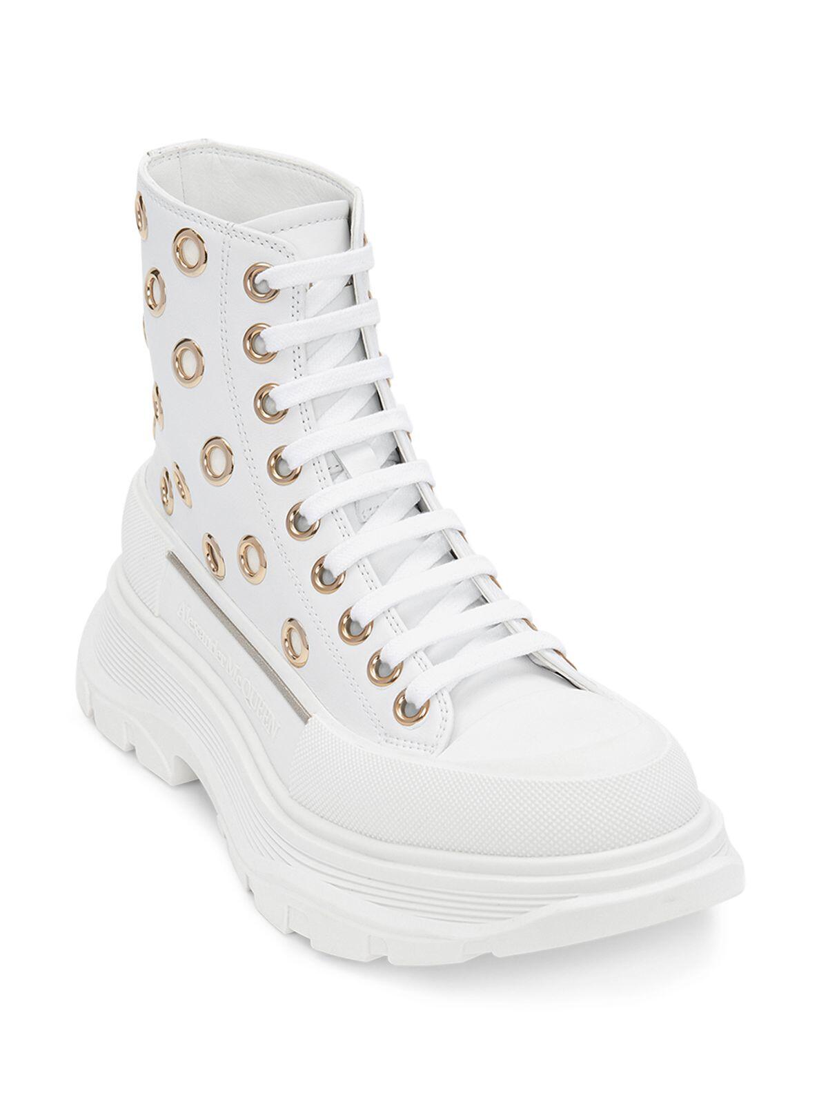 ALEXANDER MCQUEEN Womens White Eyelet-Embellished Treaded Round Toe Platform Lace-Up Leather Combat Boots 40