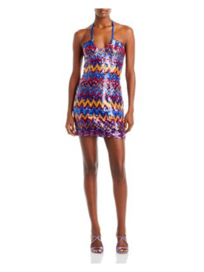 RAMY BROOK Womens Blue Tie Zippered Lined Chevron Sleeveless Halter Short Party Sheath Dress 10