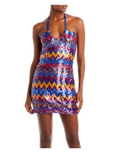 RAMY BROOK Womens Blue Tie Zippered Lined Chevron Sleeveless Halter Short Party Sheath Dress 10