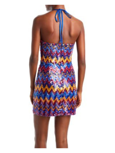 RAMY BROOK Womens Blue Tie Zippered Lined Chevron Sleeveless Halter Short Party Sheath Dress 10
