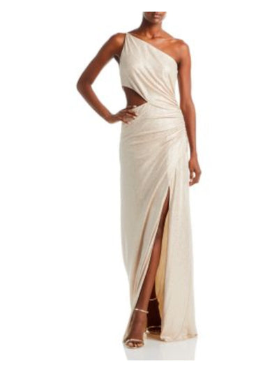 RAMY BROOK Womens Beige Ruched Zippered Cut Out Waist Slit Lined Sleeveless Asymmetrical Neckline Full-Length Party Gown Dress 10