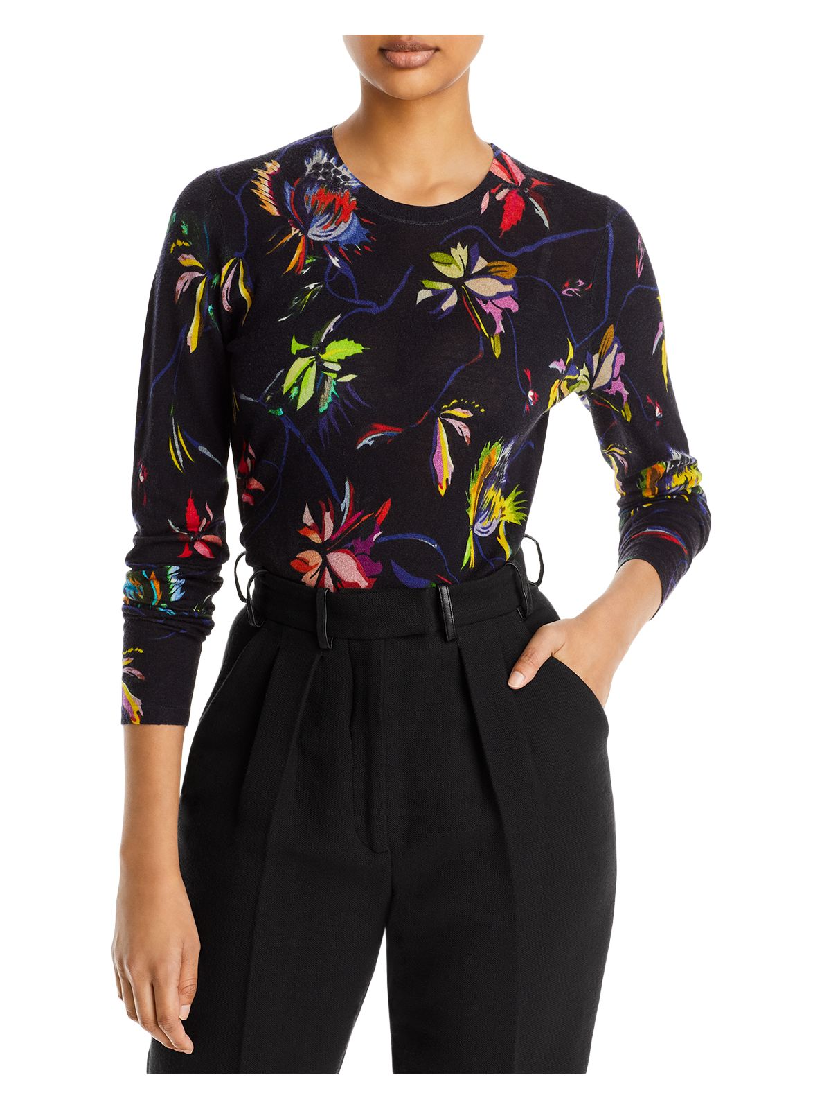 JASON WU Womens Black Floral Long Sleeve Crew Neck Wear To Work Sweater XS