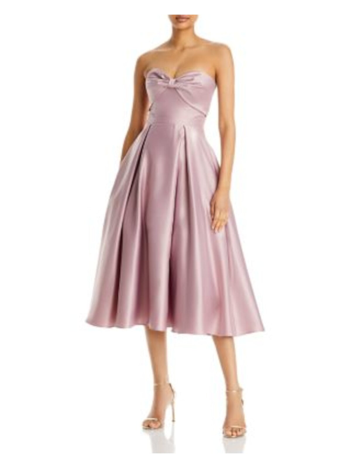 AQUA FORMAL Womens Pink Pleated Pocketed Bow Overlay Zippered Sleeveless Strapless Midi Evening Fit + Flare Dress 8