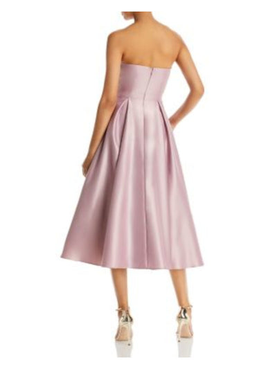 AQUA FORMAL Womens Pink Pleated Pocketed Bow Overlay Zippered Sleeveless Strapless Midi Evening Fit + Flare Dress 8