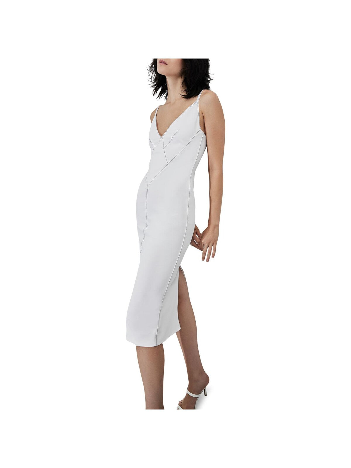 ET OCHS Womens White Zippered Lined Back Vent Spaghetti Strap V Neck Midi Party Sheath Dress 8