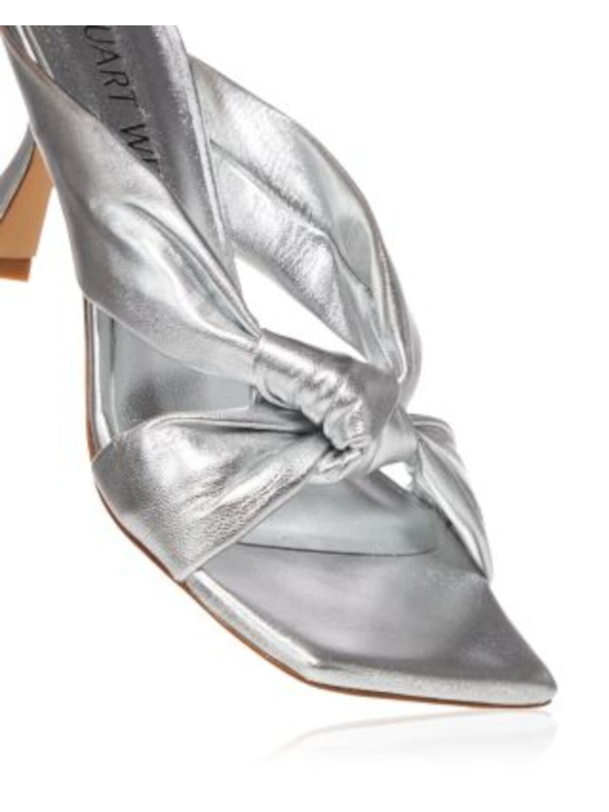 STUART WEITZMAN Womens Silver Knotted Detail Playa Square Toe Flare Slip On Leather Dress Heeled Sandal 6 B