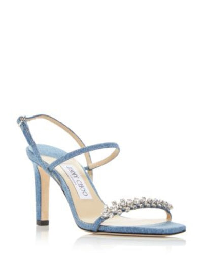 JIMMY CHOO Womens Blue Solid Embellished Meira 85 Square Toe Stacked Heel Buckle Heeled Sandal 39