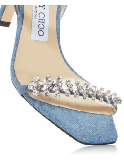 JIMMY CHOO Womens Blue Solid Embellished Meira 85 Square Toe Stacked Heel Buckle Heeled Sandal 39