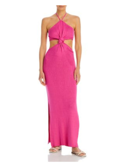 CAPITTANA Womens Pink Cut Out Ribbed Knot Detail Tie Back Slitted Sleeveless Halter Maxi Sheath Dress XS\S