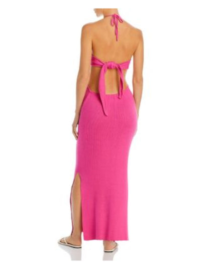 CAPITTANA Womens Pink Cut Out Ribbed Knot Detail Tie Back Slitted Sleeveless Halter Maxi Sheath Dress XS\S