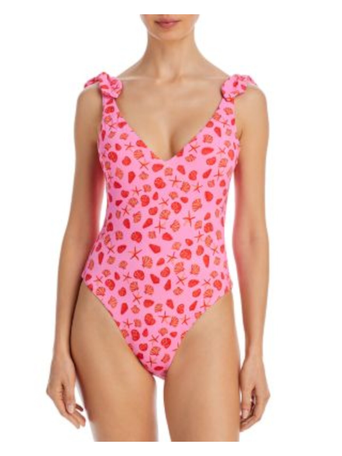 AQUA SWIM Women's Pink Patterned Removable Cups V-Neck Plunge Tie One Piece Swimsuit M