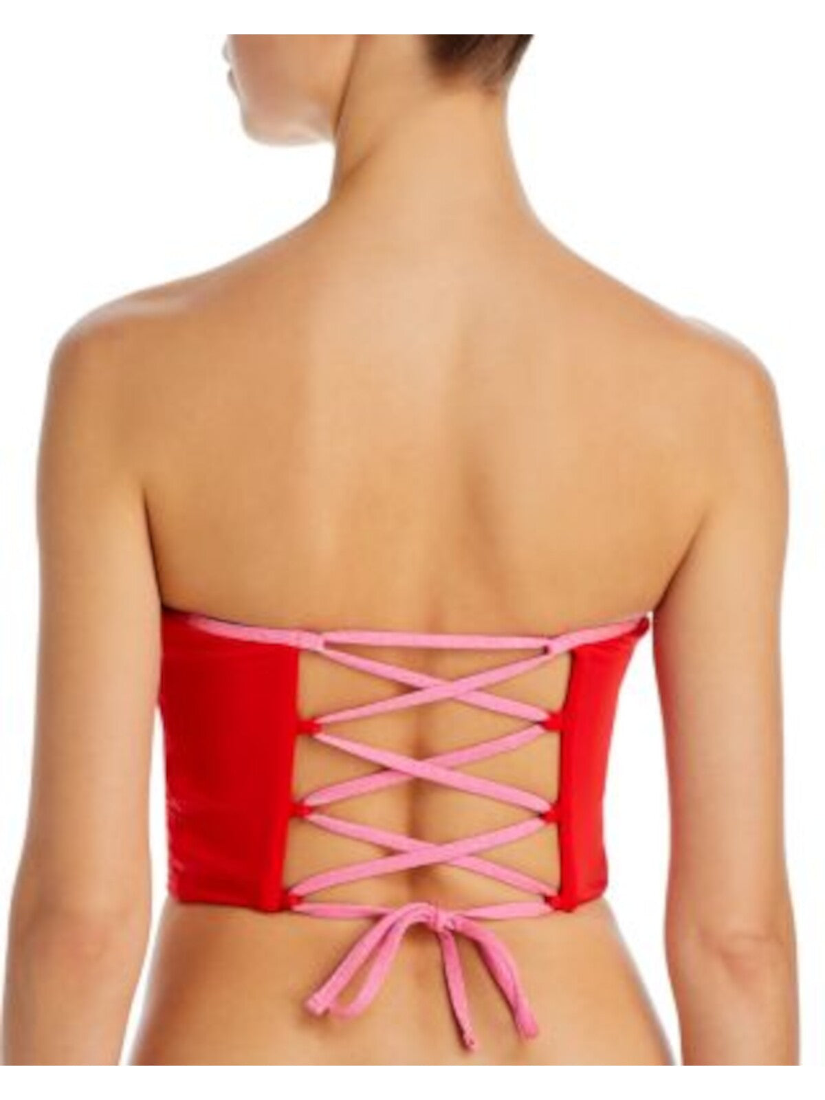 AQUA SWIM Women's Red Color Block Stretch Strapless Lace Up Tankini Swimsuit Top XS