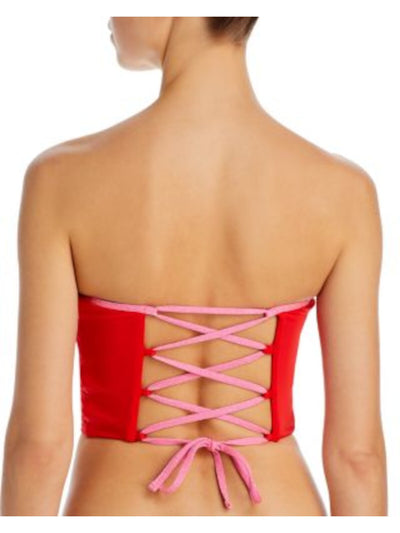 AQUA SWIM Women's Red Color Block Stretch Strapless Lace Up Tankini Swimsuit Top M