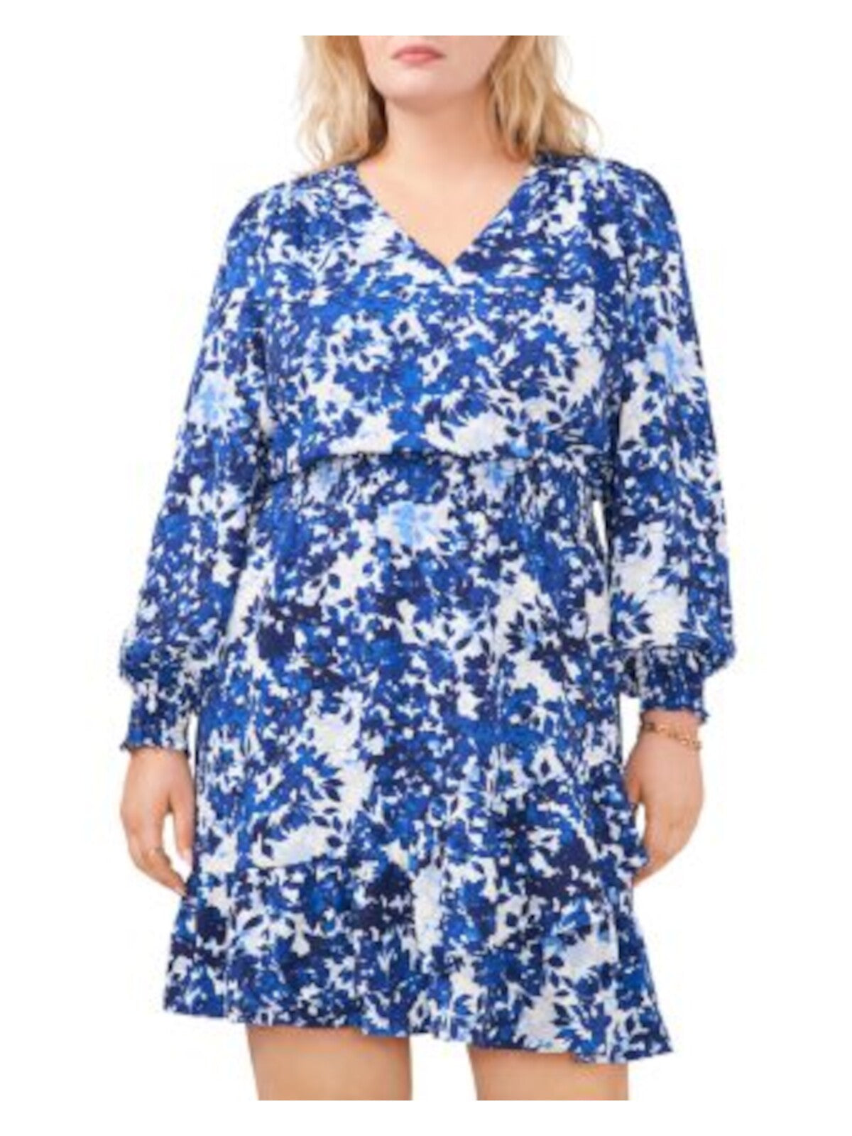 VINCE CAMUTO Womens Blue Ruffled Lined Smocked Waist Asymmetrical Tier Floral Long Sleeve Surplice Neckline Short Wear To Work Fit + Flare Dress Plus 1X