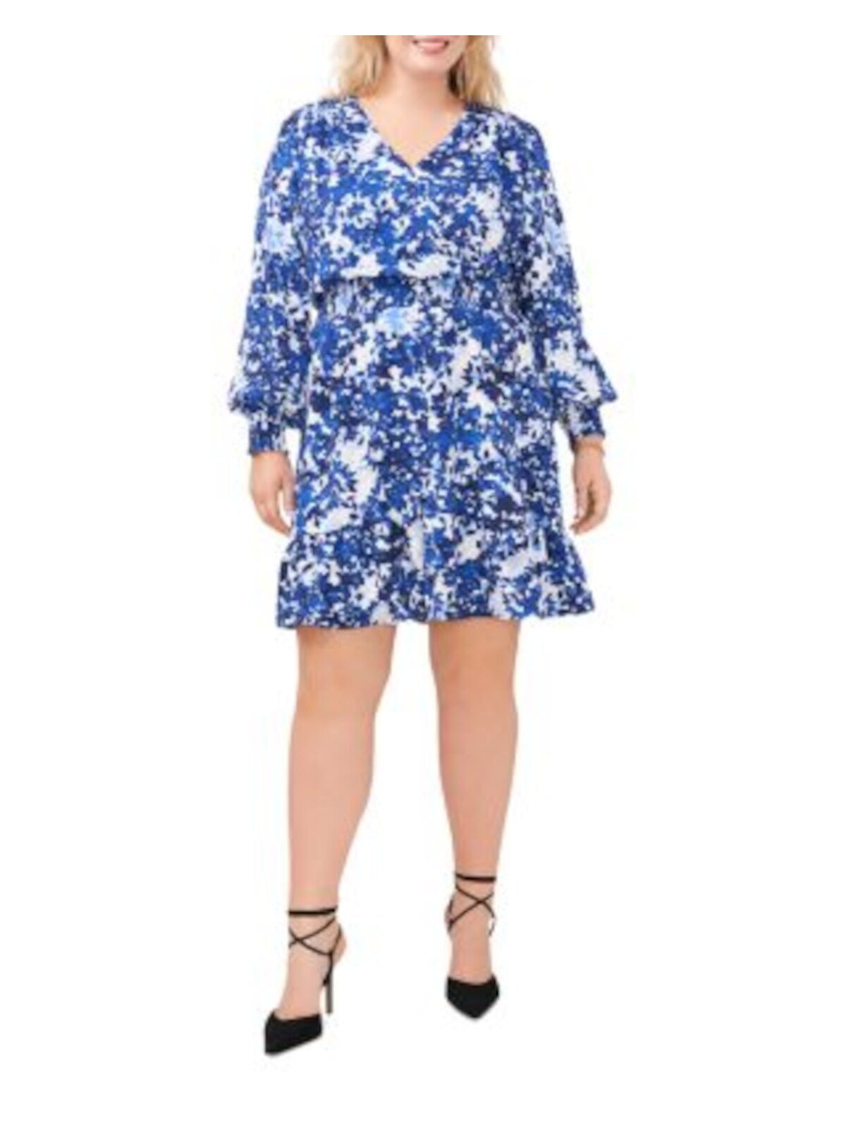 VINCE CAMUTO Womens Blue Ruffled Lined Smocked Waist Asymmetrical Tier Floral Long Sleeve Surplice Neckline Short Wear To Work Fit + Flare Dress Plus 1X