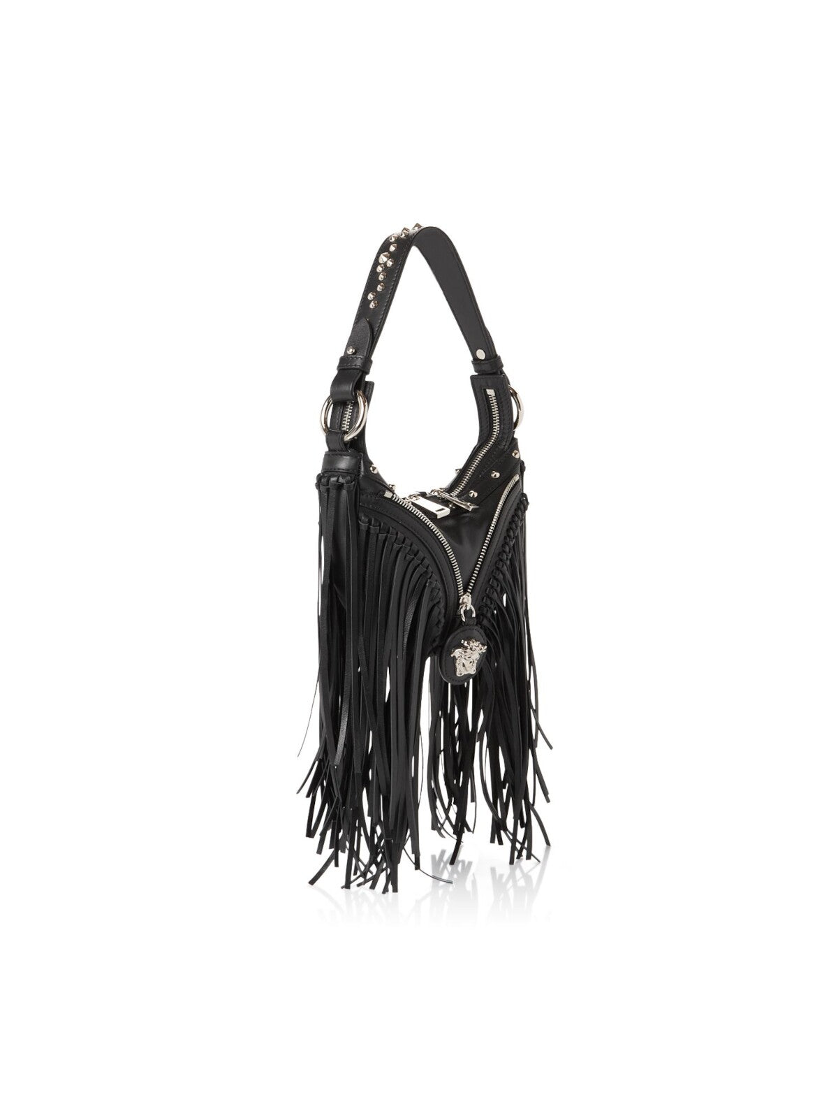 VERSACE Women's Black Solid Studded Fringed Silver-Tone Hardware Removable Crossbody Band Single Strap Shoulder Bag