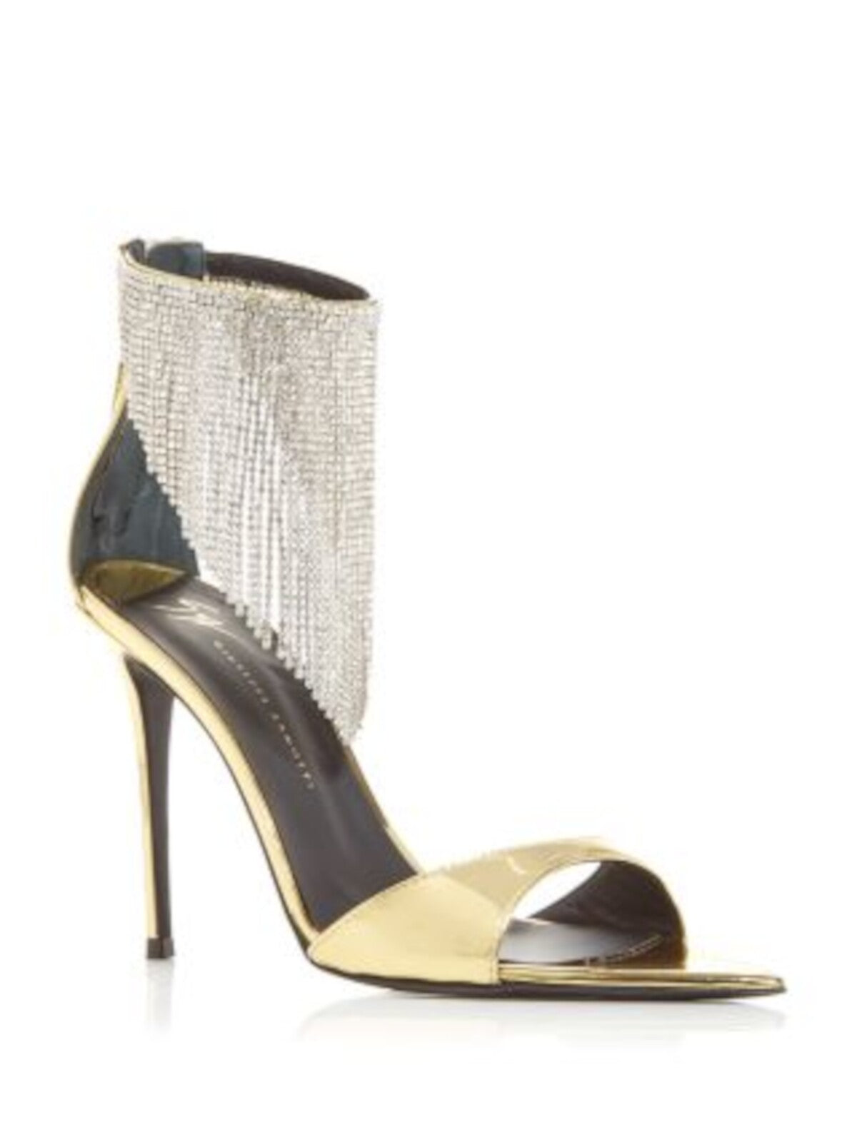 GIUSEPPE ZANOTTI Womens Gold Padded Embellished Accent Metallic Ankle Strap Waterfall Pointed Toe Stiletto Zip-Up Dress Heeled Sandal 37.5