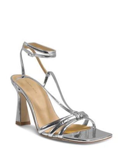 CHELSEA PARIS Womens Silver Strappy Metallic Ankle Strap Padded Remy Square Toe Flare Buckle Leather Heeled Sandal 40