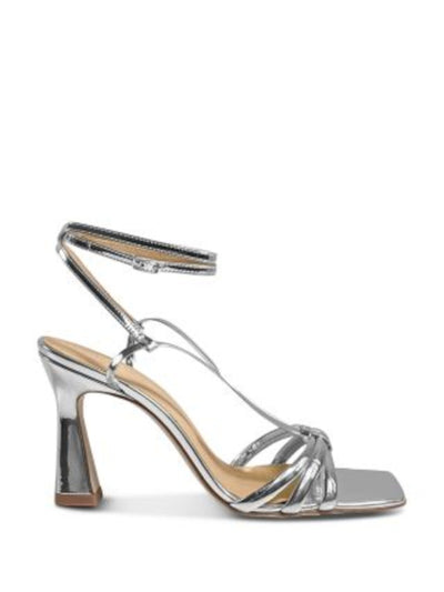 CHELSEA PARIS Womens Silver Strappy Metallic Ankle Strap Padded Remy Square Toe Flare Buckle Leather Heeled Sandal 40