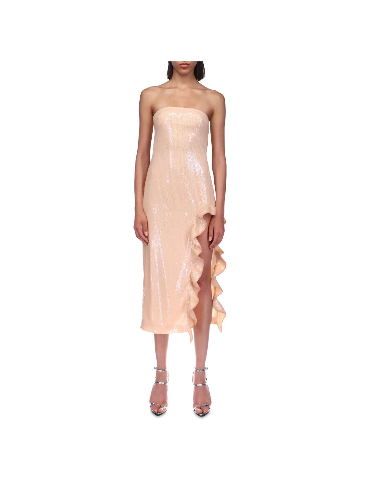 DAVID KOMA Womens Beige Zippered Ruffled Front Left High Cutout Lined Sleeveless Strapless Party Sheath Dress 12