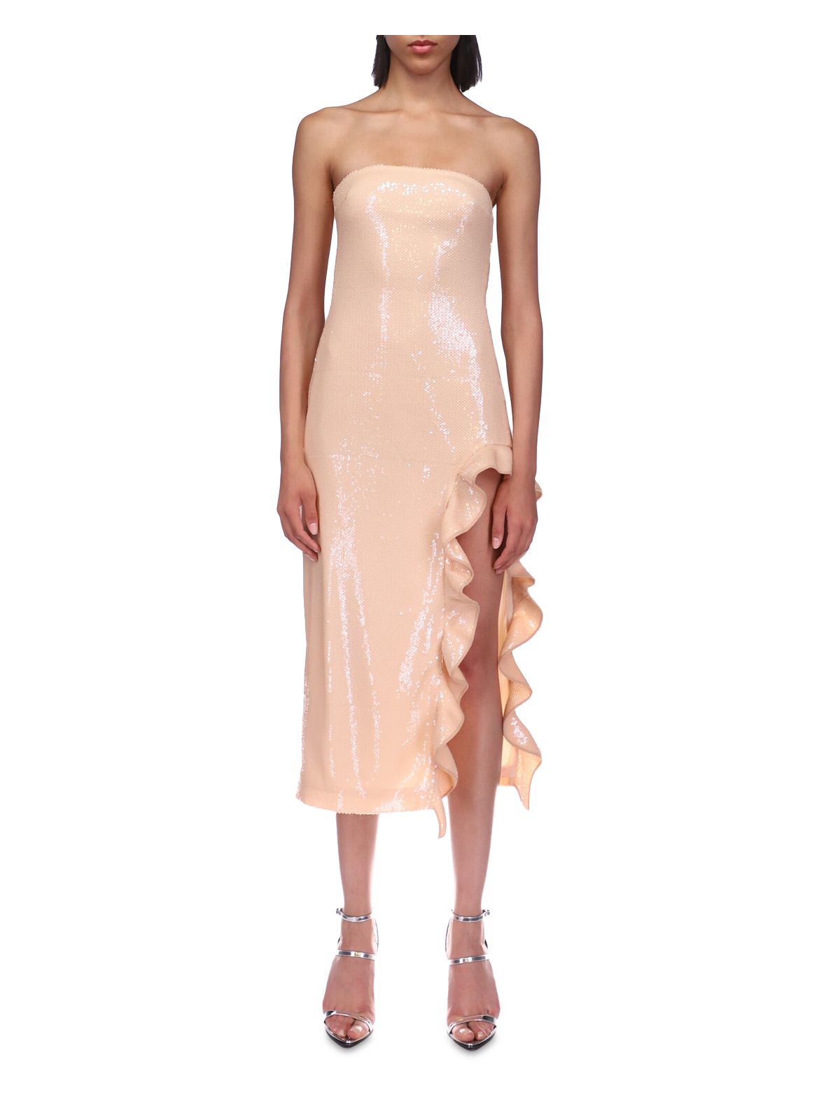 DAVID KOMA Womens Beige Zippered Ruffled Front Left High Cutout Lined Sleeveless Strapless Party Sheath Dress 10