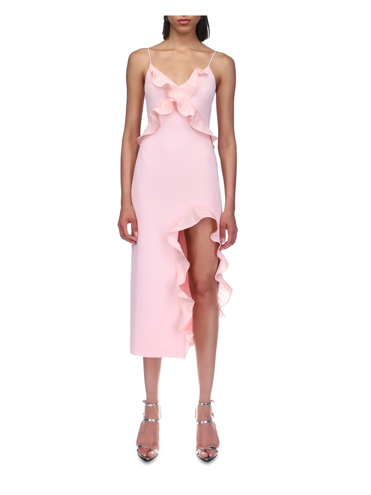 DAVID KOMA Womens Pink Ruffled Lined Front High Cutout Opening Spaghetti Strap V Neck Midi Party Body Con Dress 12