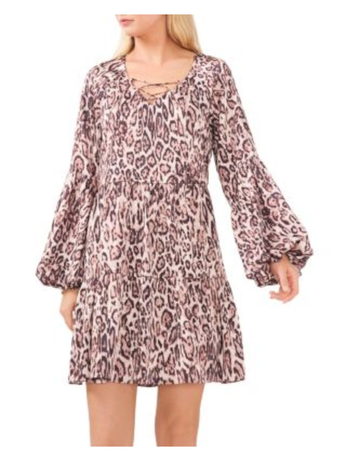 VINCE CAMUTO Womens Pink Lined Animal Print Balloon Sleeve V Neck Short Wear To Work Shift Dress XXS