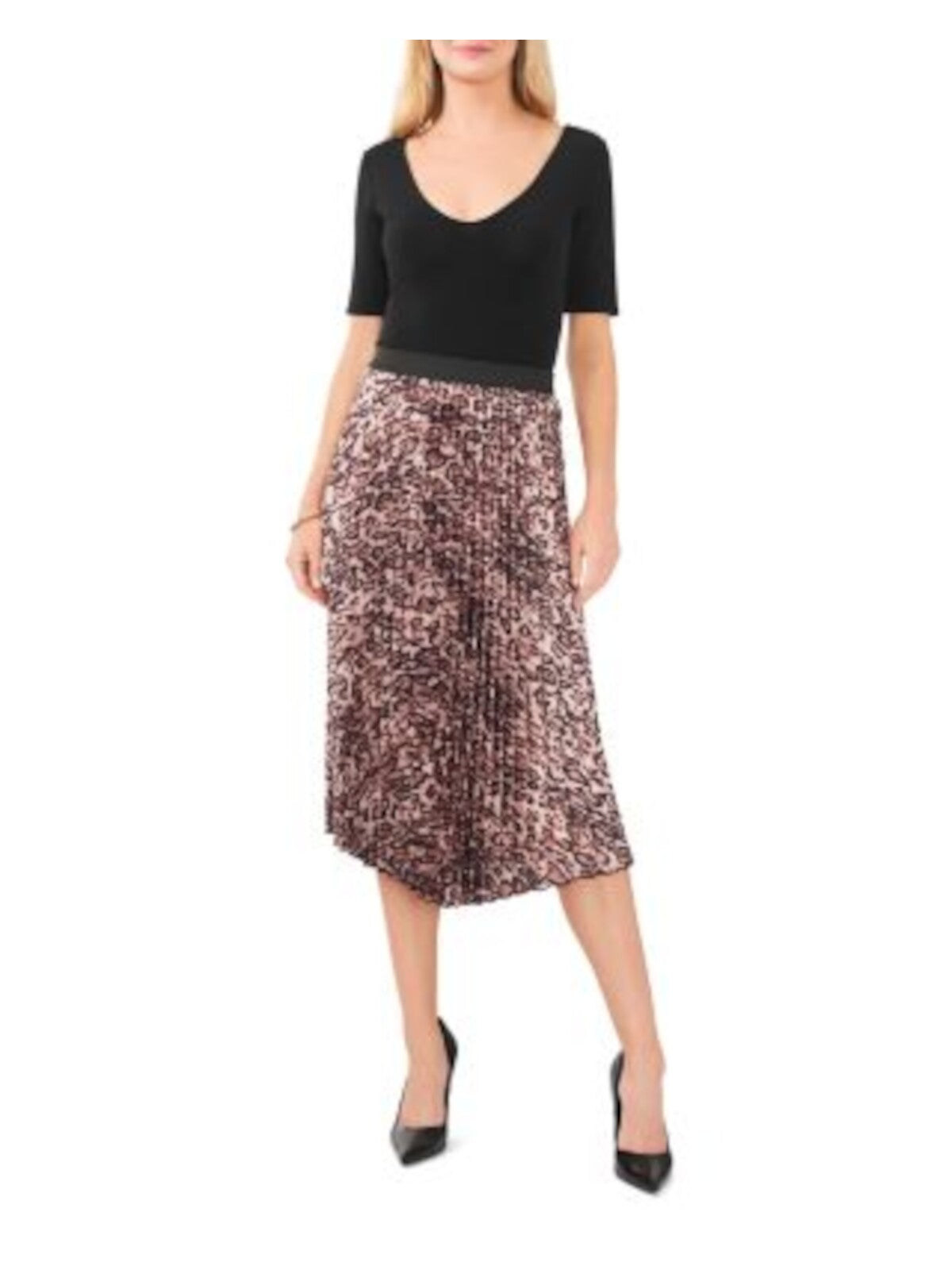 VINCE CAMUTO Womens Black Pleated Elastic Waist Animal Print Below The Knee Wear To Work Accordion Pleat Skirt XXS