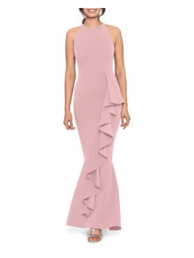 AQUA FORMAL Womens Pink Zippered Ruffled Mermaid Skirt Lined Round Neck Full-Length Evening Gown Dress 4