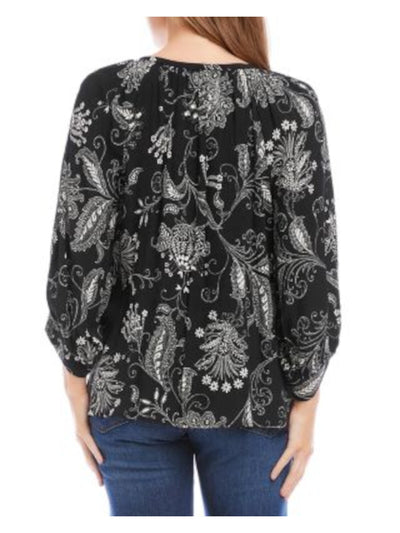 KAREN KANE Womens Black Tie Pullover Floral Blouson Sleeve V Neck Wear To Work Top XS