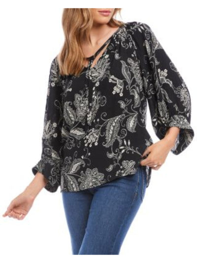 KAREN KANE Womens Black Tie Pullover Floral Blouson Sleeve V Neck Wear To Work Top XS