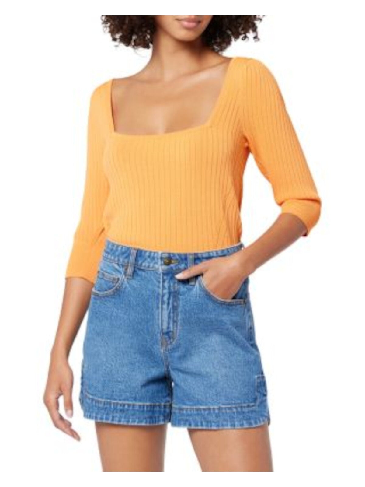 JOIE Womens Orange Ribbed 3/4 Sleeve Square Neck Top S