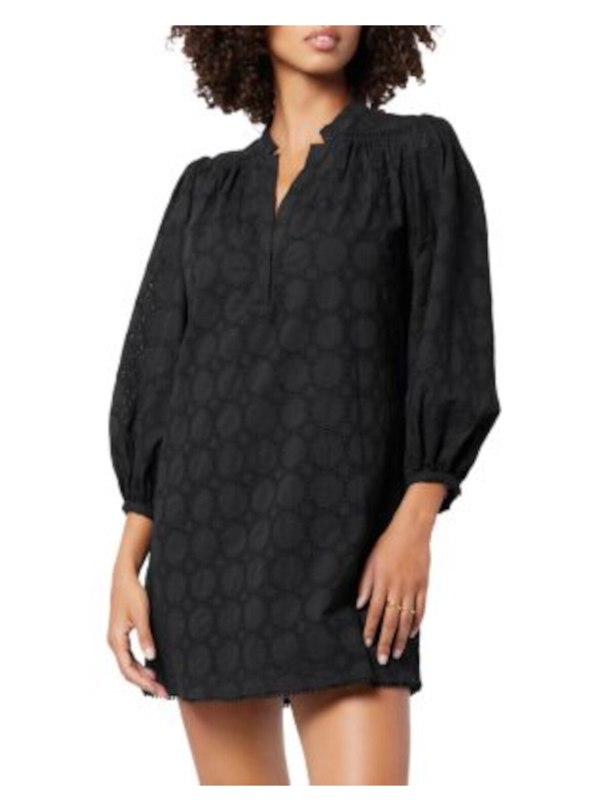 JOIE Womens Black Embellished Lined Pullover 3/4 Sleeve V Neck Mini Shift Dress S