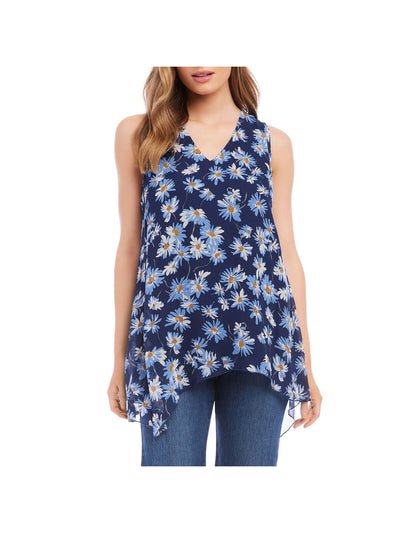 KAREN KANE Womens Navy Lined Drapey Handkerchief Hem Floral Sleeveless V Neck Tank Top XS