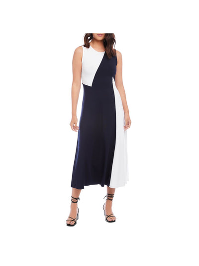 KAREN KANE Womens Navy Zippered Color Block Sleeveless Round Neck Midi Evening A-Line Dress XS