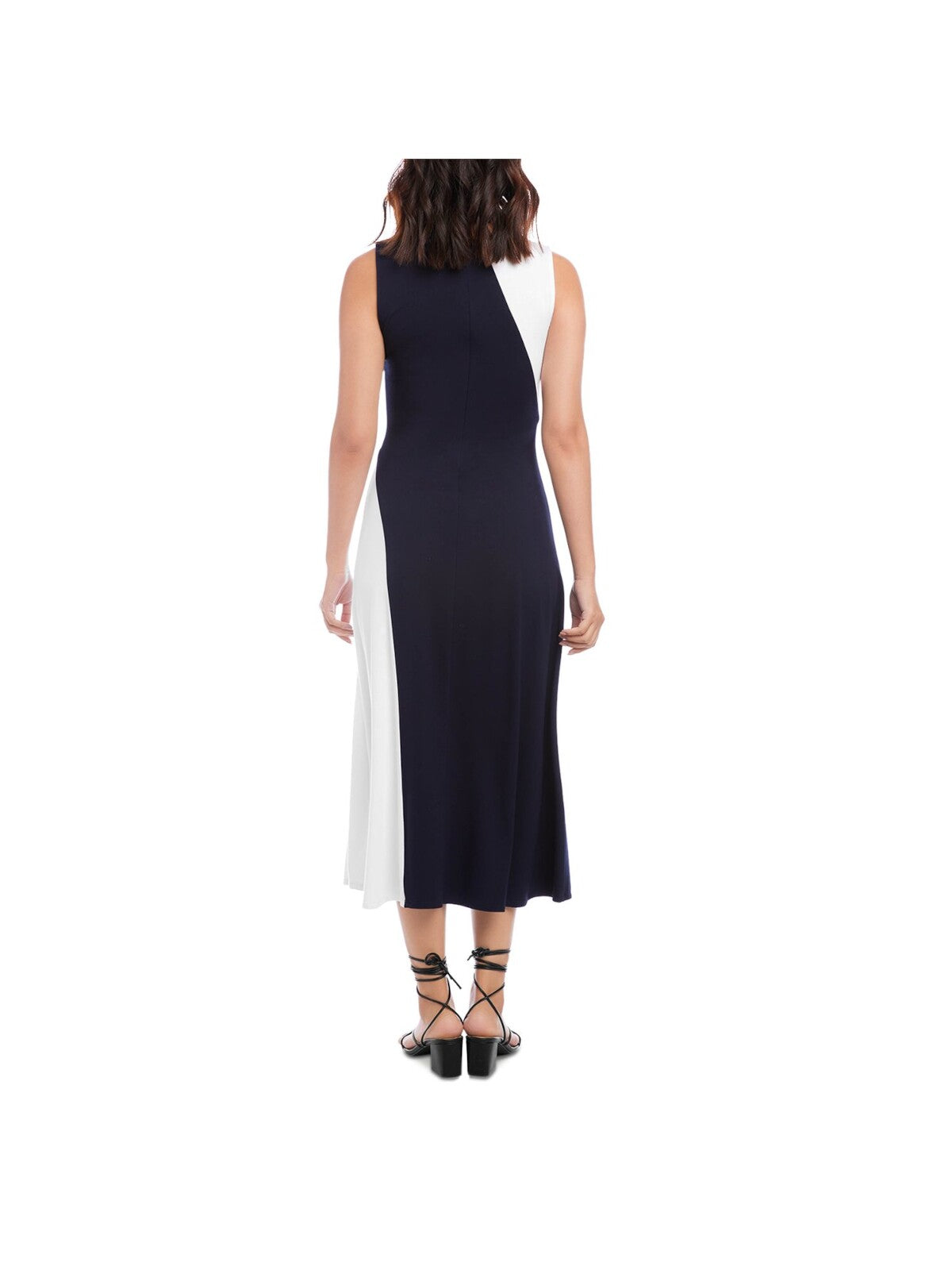 KAREN KANE Womens Navy Zippered Color Block Sleeveless Round Neck Midi Evening A-Line Dress M