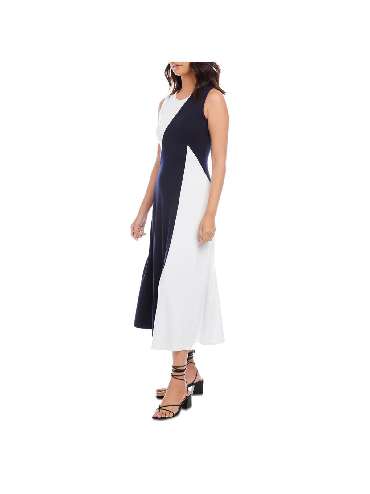 KAREN KANE Womens Navy Zippered Color Block Sleeveless Round Neck Midi Evening A-Line Dress M