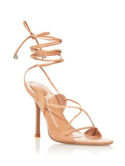 ALEXANDER WANG Womens Beige Ankle Wrap Tie With Logo Embellishments Strappy Padded Lucienne 105 Almond Toe Stiletto Lace-Up Leather Dress Heeled Sandal 38.5