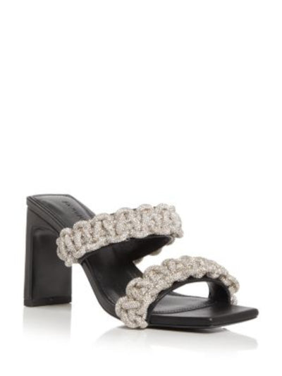 JONATHAN SIMKHAI Womens Black Mixed Media Crystal Embellished Rope Detailing At Straps Padded Walker Square Toe Block Heel Slip On Heeled Sandal 38